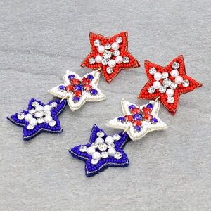 USA Star Felt Hand Beaded Red White & Blue Drop Earrings